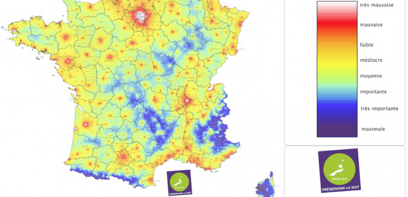 Carte des pollutions lumineuses en France.