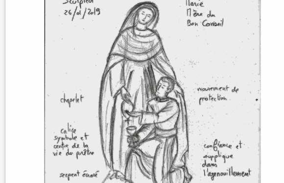 Sculpture d’une statue de “Marie qui garde les prêtres”