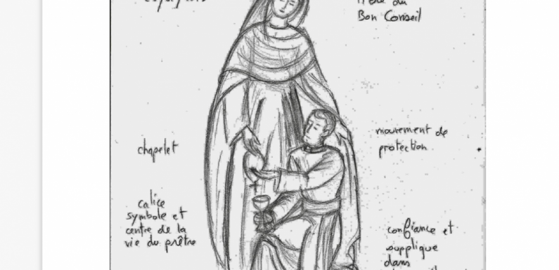 Sculpture d’une statue de “Marie qui garde les prêtres”