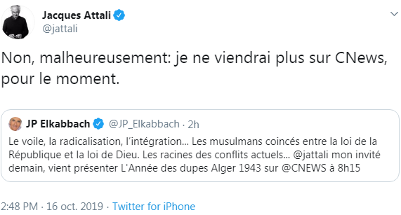 CNews : Annoncé par Elkabbach sur son plateau, Attali se désiste une heure plus tard via twitter, sans en citer la raison