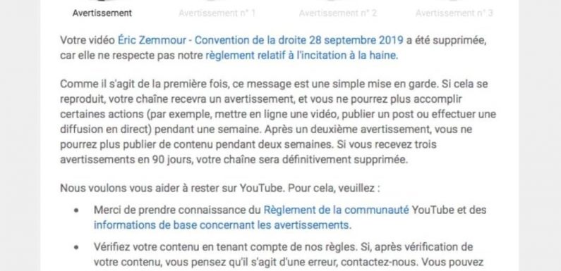 La vidéo de l’intervention de Zemmour à la Convention de la droite censurée par Youtube pour « incitation à la haine »