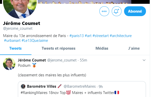 Après le buzz lié aux saccages du week-end, Jérôme Coumet (Maire PS du 13ème) se réjouit d’être sur le podium des maires les plus influents sur twitter