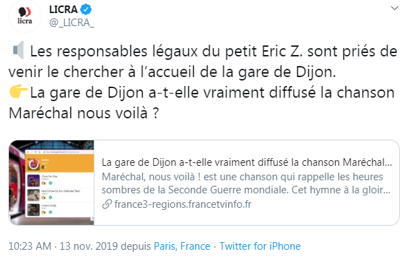 Dijon (21) : La LICRA brocarde Zemmour suite au passage de « Maréchal nous voilà » sur le jukebox de la gare SNCF