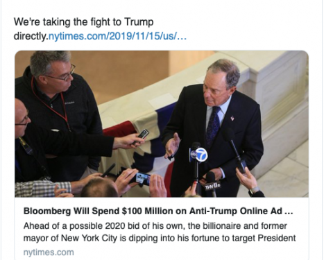 Etats-Unis : pas encore candidat à la Maison Blanche, le milliardaire Michael Bloomberg s’offre 100 millions de dollars de publicités anti-Trump