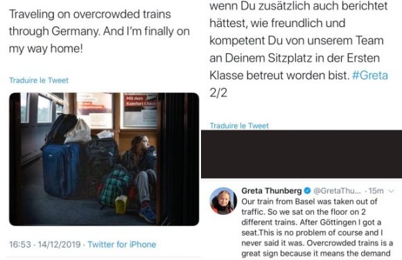 Greta Thunberg voyage gratuitement en 1ere classe…mais publié une photo d’elle à même le sol dans un couloir