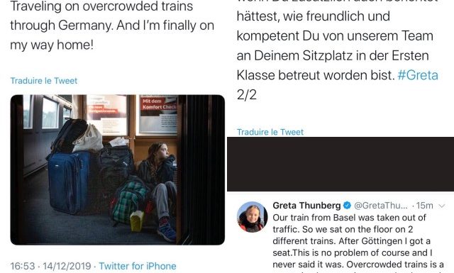 Greta Thunberg voyage gratuitement en 1ere classe…mais publié une photo d’elle à même le sol dans un couloir