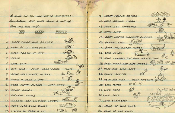 Woody Guthrie Creates a Doodle-Filled List of 33 New Year’s Resolutions (1943): Beat Fascism, Write a Song a Day, and Keep the Hoping Machine Running