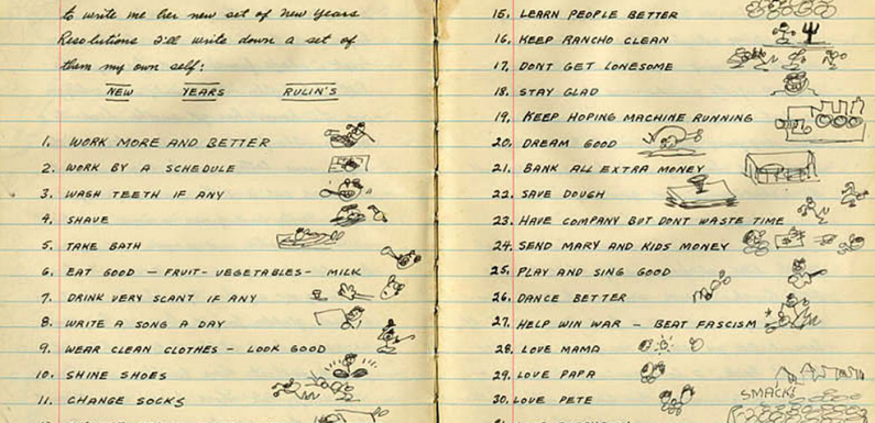 Woody Guthrie Creates a Doodle-Filled List of 33 New Year’s Resolutions (1943): Beat Fascism, Write a Song a Day, and Keep the Hoping Machine Running